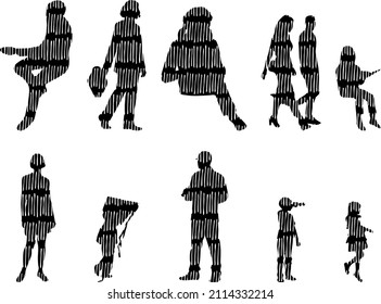 Vector silhouettes, Outline silhouettes of people, Contour drawing, people silhouette, Icon Set Isolated, Silhouette of sitting people, Architectural set	
