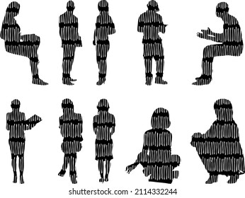 Vector silhouettes, Outline silhouettes of people, Contour drawing, people silhouette, Icon Set Isolated, Silhouette of sitting people, Architectural set	
