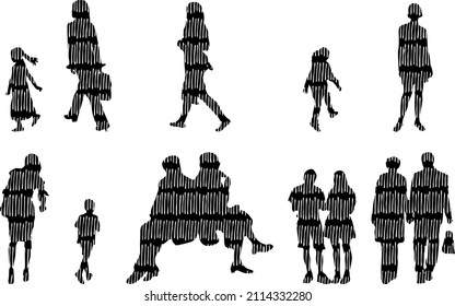 Vector silhouettes, Outline silhouettes of people, Contour drawing, people silhouette, Icon Set Isolated, Silhouette of sitting people, Architectural set	
