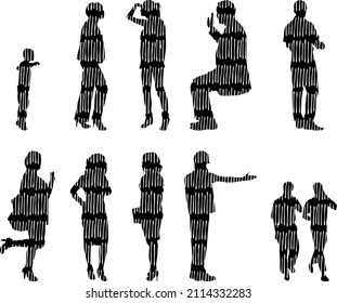 Vector silhouettes, Outline silhouettes of people, Contour drawing, people silhouette, Icon Set Isolated, Silhouette of sitting people, Architectural set	
