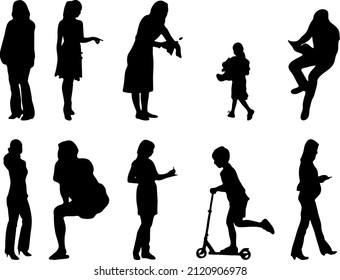 Vector silhouettes, Outline silhouettes of people, Contour drawing, people silhouette, Icon Set Isolated, Silhouette of sitting people, Architectural set