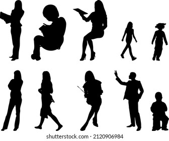 Vector silhouettes, Outline silhouettes of people, Contour drawing, people silhouette, Icon Set Isolated, Silhouette of sitting people, Architectural set