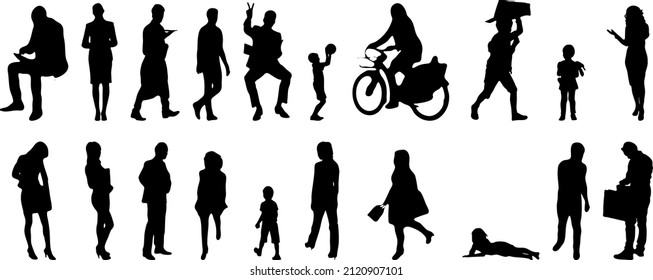 Vector silhouettes, Outline silhouettes of people, Contour drawing, people silhouette, Icon Set Isolated, Silhouette of sitting people, Architectural set