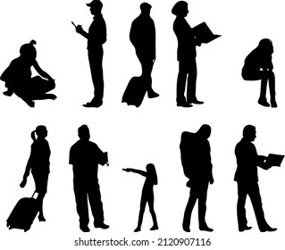 Vector silhouettes, Outline silhouettes of people, Contour drawing, people silhouette, Icon Set Isolated, Silhouette of sitting people, Architectural set