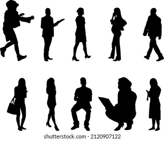 Vector silhouettes, Outline silhouettes of people, Contour drawing, people silhouette, Icon Set Isolated, Silhouette of sitting people, Architectural set