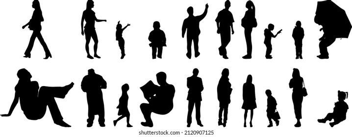 Vector silhouettes, Outline silhouettes of people, Contour drawing, people silhouette, Icon Set Isolated, Silhouette of sitting people, Architectural set