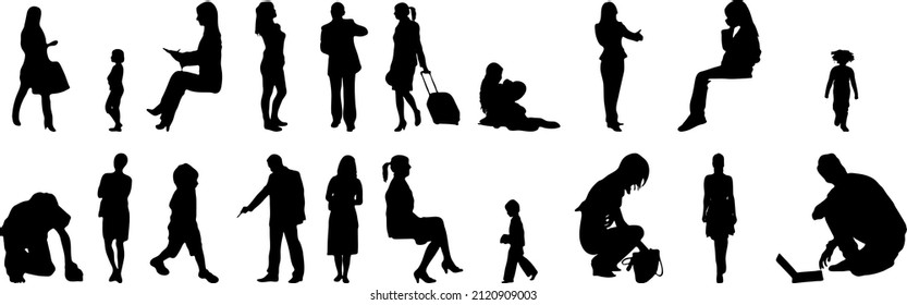 Vector silhouettes, Outline silhouettes of people, Contour drawing, people silhouette, Icon Set Isolated, Silhouette of sitting people, Architectural set