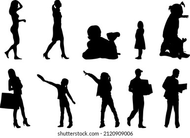 Vector silhouettes, Outline silhouettes of people, Contour drawing, people silhouette, Icon Set Isolated, Silhouette of sitting people, Architectural set