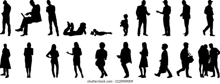 Vector silhouettes, Outline silhouettes of people, Contour drawing, people silhouette, Icon Set Isolated, Silhouette of sitting people, Architectural set