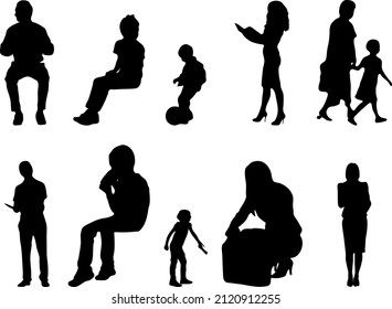 Vector silhouettes, Outline silhouettes of people, Contour drawing, people silhouette, Icon Set Isolated, Silhouette of sitting people, Architectural set