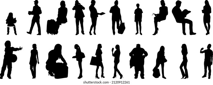 Vector silhouettes, Outline silhouettes of people, Contour drawing, people silhouette, Icon Set Isolated, Silhouette of sitting people, Architectural set
