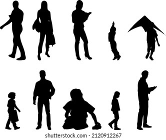 Vector silhouettes, Outline silhouettes of people, Contour drawing, people silhouette, Icon Set Isolated, Silhouette of sitting people, Architectural set