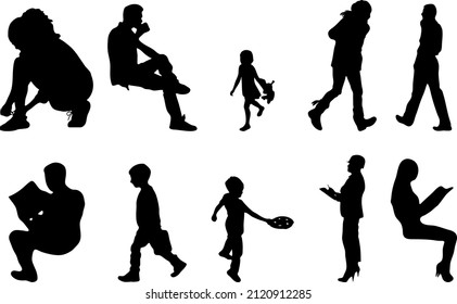 Vector silhouettes, Outline silhouettes of people, Contour drawing, people silhouette, Icon Set Isolated, Silhouette of sitting people, Architectural set