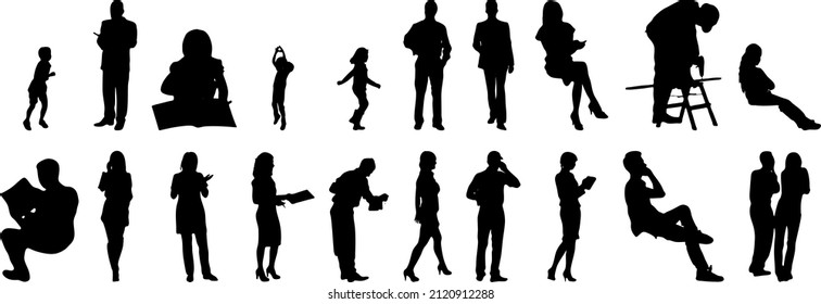 Vector silhouettes, Outline silhouettes of people, Contour drawing, people silhouette, Icon Set Isolated, Silhouette of sitting people, Architectural set