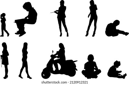 Vector silhouettes, Outline silhouettes of people, Contour drawing, people silhouette, Icon Set Isolated, Silhouette of sitting people, Architectural set