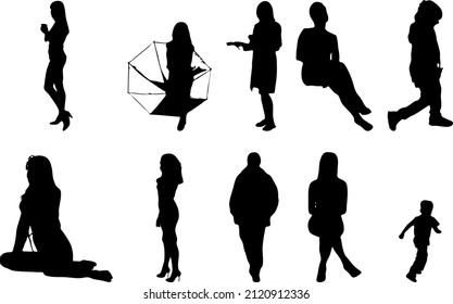 Vector silhouettes, Outline silhouettes of people, Contour drawing, people silhouette, Icon Set Isolated, Silhouette of sitting people, Architectural set