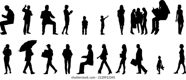 Vector silhouettes, Outline silhouettes of people, Contour drawing, people silhouette, Icon Set Isolated, Silhouette of sitting people, Architectural set