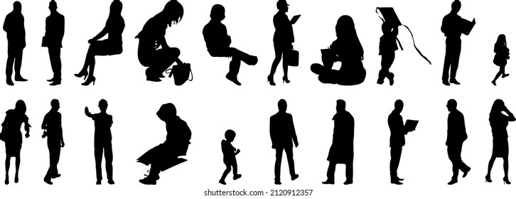 Vector silhouettes, Outline silhouettes of people, Contour drawing, people silhouette, Icon Set Isolated, Silhouette of sitting people, Architectural set