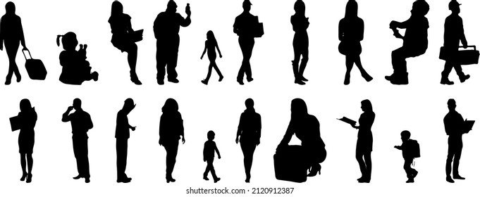 Vector silhouettes, Outline silhouettes of people, Contour drawing, people silhouette, Icon Set Isolated, Silhouette of sitting people, Architectural set