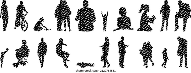 Vector silhouettes, Outline silhouettes of people, Contour drawing, people silhouette, Icon Set Isolated, Silhouette of sitting people, Architectural set	
