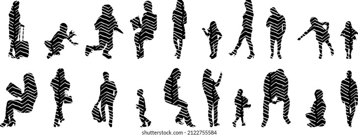 Vector silhouettes, Outline silhouettes of people, Contour drawing, people silhouette, Icon Set Isolated, Silhouette of sitting people, Architectural set	
