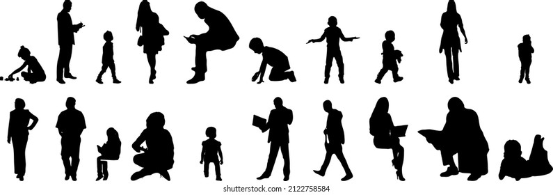 Vector silhouettes, Outline silhouettes of people, Contour drawing, people silhouette, Icon Set Isolated, Silhouette of sitting people, Architectural set	