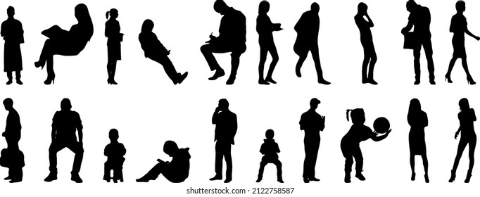 Vector silhouettes, Outline silhouettes of people, Contour drawing, people silhouette, Icon Set Isolated, Silhouette of sitting people, Architectural set	