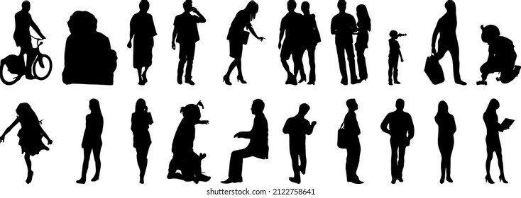 Vector silhouettes, Outline silhouettes of people, Contour drawing, people silhouette, Icon Set Isolated, Silhouette of sitting people, Architectural set	