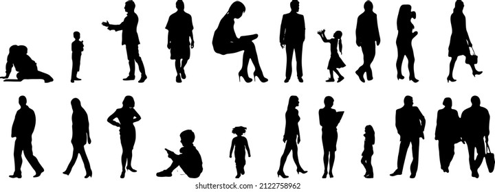 Vector silhouettes, Outline silhouettes of people, Contour drawing, people silhouette, Icon Set Isolated, Silhouette of sitting people, Architectural set