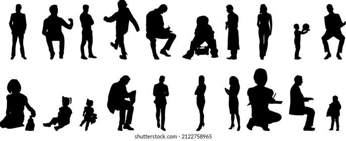 Vector silhouettes, Outline silhouettes of people, Contour drawing, people silhouette, Icon Set Isolated, Silhouette of sitting people, Architectural set