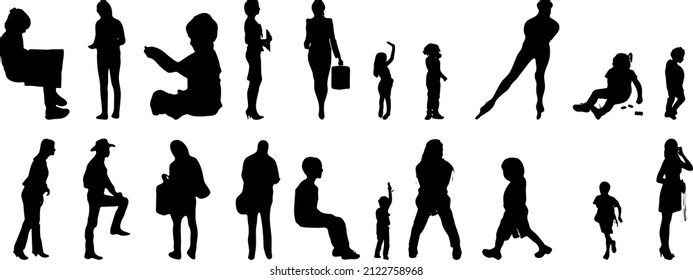 Vector silhouettes, Outline silhouettes of people, Contour drawing, people silhouette, Icon Set Isolated, Silhouette of sitting people, Architectural set