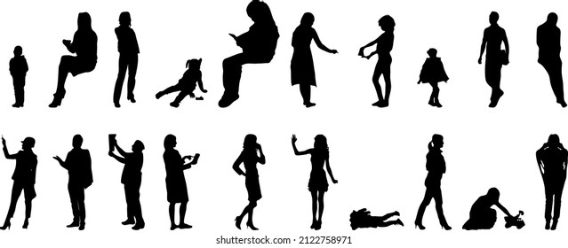 Vector silhouettes, Outline silhouettes of people, Contour drawing, people silhouette, Icon Set Isolated, Silhouette of sitting people, Architectural set