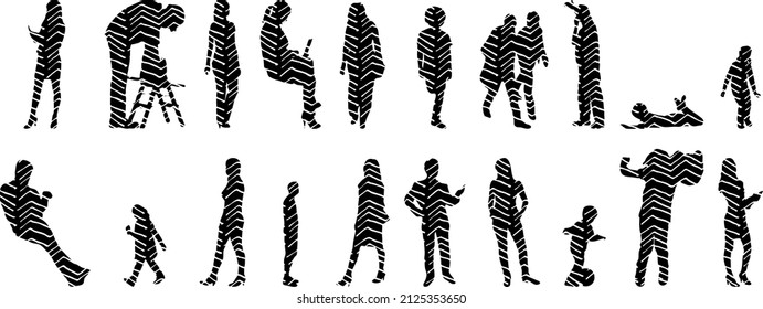 Vector silhouettes, Outline silhouettes of people, Contour drawing, people silhouette, Icon Set Isolated, Silhouette of sitting people, Architectural set	
