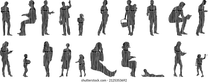 Vector silhouettes, Outline silhouettes of people, Contour drawing, people silhouette, Icon Set Isolated, Silhouette of sitting people, Architectural set	
