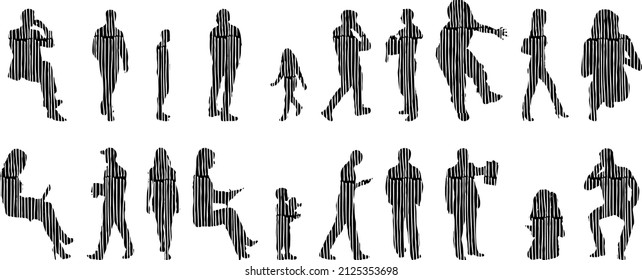 Vector silhouettes, Outline silhouettes of people, Contour drawing, people silhouette, Icon Set Isolated, Silhouette of sitting people, Architectural set	
