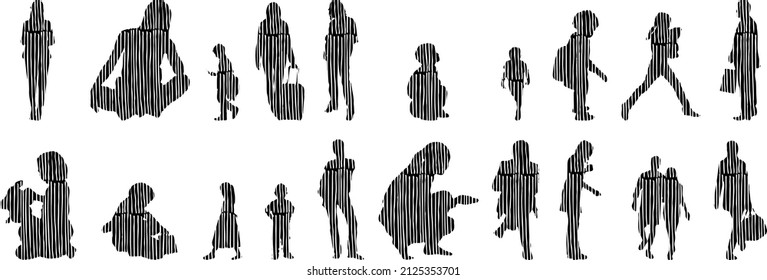 Vektor-Silhouetten, Silhouetten-Linien, Konturzeichnungen, Silhouette-Leute, Symbolsatz isoliert, Silhouette sitzender Menschen, Architekturset	
