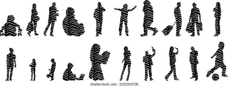 Siluetas vectoriales, Siluetas de contorno de personas, Dibujo de contorno, silueta de personas, Conjunto de iconos aislados, Silueta de personas sentadas, Conjunto arquitectónico	

