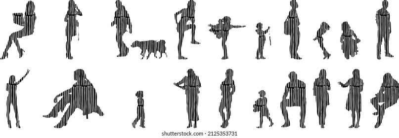 Vector silhouettes, Outline silhouettes of people, Contour drawing, people silhouette, Icon Set Isolated, Silhouette of sitting people, Architectural set	
