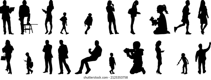 Vector silhouettes, Outline silhouettes of people, Contour drawing, people silhouette, Icon Set Isolated, Silhouette of sitting people, Architectural set	
