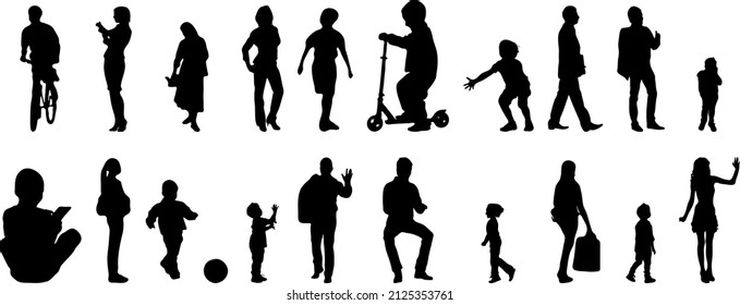 Vector silhouettes, Outline silhouettes of people, Contour drawing, people silhouette, Icon Set Isolated, Silhouette of sitting people, Architectural set	
