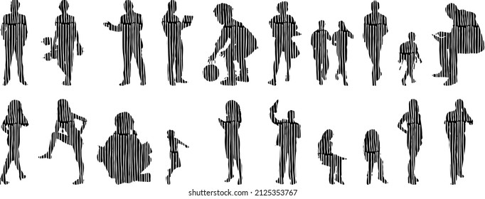 Vector silhouettes, Outline silhouettes of people, Contour drawing, people silhouette, Icon Set Isolated, Silhouette of sitting people, Architectural set	
