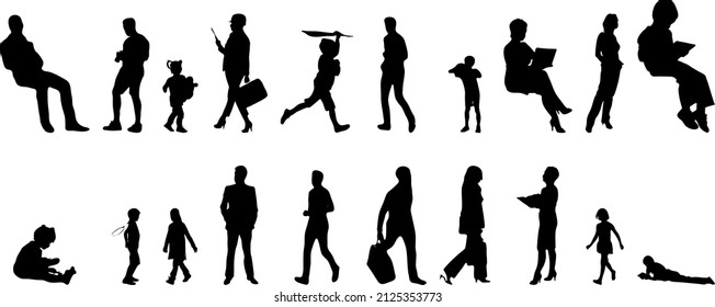 Vector silhouettes, Outline silhouettes of people, Contour drawing, people silhouette, Icon Set Isolated, Silhouette of sitting people, Architectural set	
