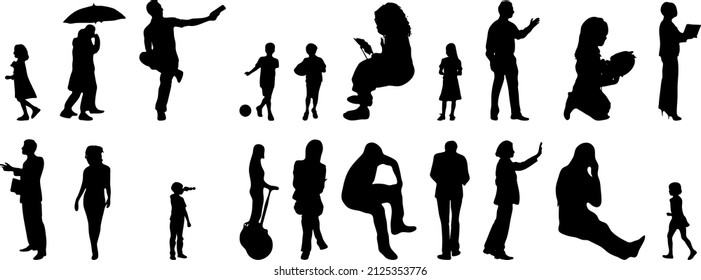 Siluetas vectoriales, Siluetas de contorno de personas, Dibujo de contorno, silueta de personas, Conjunto de iconos aislados, Silueta de personas sentadas, Conjunto arquitectónico	

