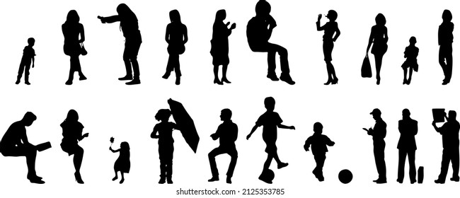 Vector silhouettes, Outline silhouettes of people, Contour drawing, people silhouette, Icon Set Isolated, Silhouette of sitting people, Architectural set	
