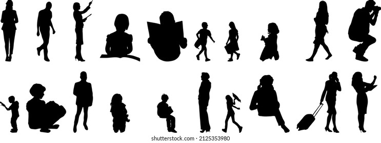 Vector silhouettes, Outline silhouettes of people, Contour drawing, people silhouette, Icon Set Isolated, Silhouette of sitting people, Architectural set	
