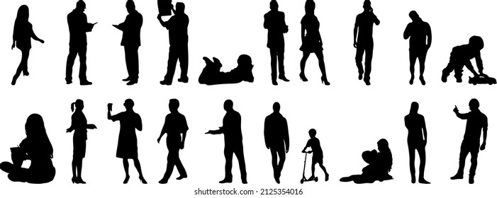 Vector silhouettes, Outline silhouettes of people, Contour drawing, people silhouette, Icon Set Isolated, Silhouette of sitting people, Architectural set	
