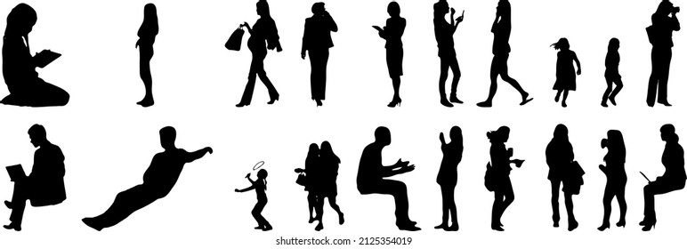 Vector silhouettes, Outline silhouettes of people, Contour drawing, people silhouette, Icon Set Isolated, Silhouette of sitting people, Architectural set	
