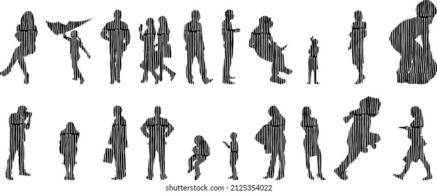 Vector silhouettes, Outline silhouettes of people, Contour drawing, people silhouette, Icon Set Isolated, Silhouette of sitting people, Architectural set	
