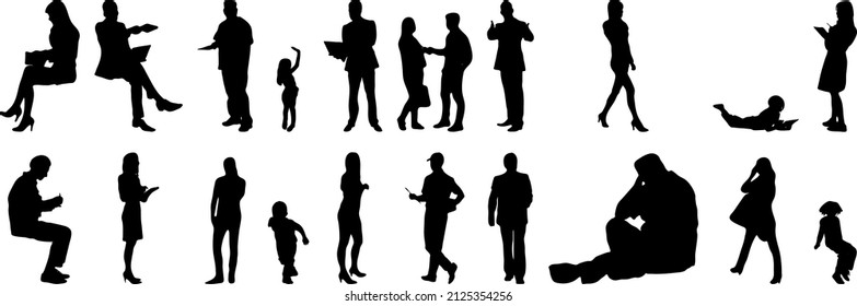 Vector silhouettes, Outline silhouettes of people, Contour drawing, people silhouette, Icon Set Isolated, Silhouette of sitting people, Architectural set	
