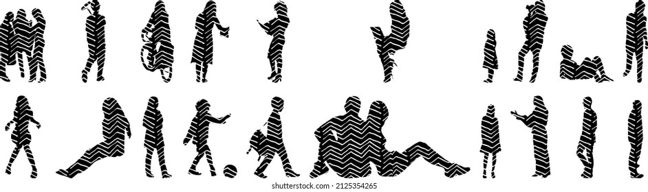 Vector silhouettes, Outline silhouettes of people, Contour drawing, people silhouette, Icon Set Isolated, Silhouette of sitting people, Architectural set	
